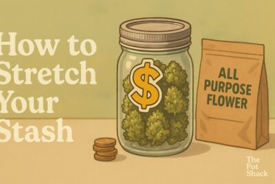 Cartoon-style mason jar of cannabis with a dollar sign on the lid, beside coins and a bag labeled “All Purpose Flower.”