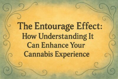 Watercolor-style banner with a parchment background, soft teal edges, and elegant swirling lines framing the centered title text: “The Entourage Effect: How Understanding It Can Enhance Your Cannabis Experience.”
