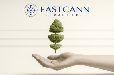 A trichome-rich cannabis bud floats in midair above a human hand, visually segmented by three horizontal translucent bands. Above, the EastCann logo is featured in deep blue, set against a warm gradient background.