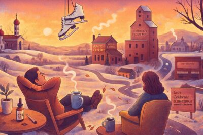 A surreal winter sunset over small-town Saskatchewan blending Yorkton and Esterhazy landmarks. Two relaxed figures sit outdoors with steaming mugs, overlooking snowy hills and glowing buildings like the Yorkton Arts Centre and Esterhazy Flour Mill. Gentle smoke curls through the air, forming soft shapes that connect art, history, and calm across the prairie.