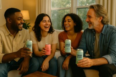 A diverse group of friends laughing together in a cozy living room, each holding a colorful cannabis-infused beverage can, enjoying connection and good vibes in warm natural light.