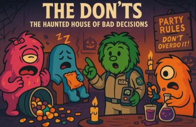 Herb, dressed as a ghostbuster, points toward three one-eyed monsters causing Halloween chaos — one overeating candy, one mixing potions, and one falling asleep — inside a dimly lit spooky room.